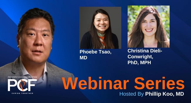 Dr. Koo, Dr.Tsao, and Dr. Dieli-Conwright appear on a blue background with "Webinar Series" underneath.