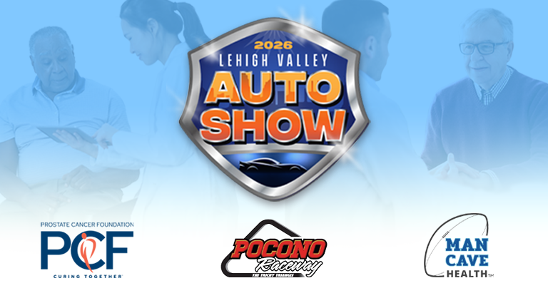 Lehigh Valley Auto Show logo, PCF logo, Man Cave Health logo, Pocono Raceway logo